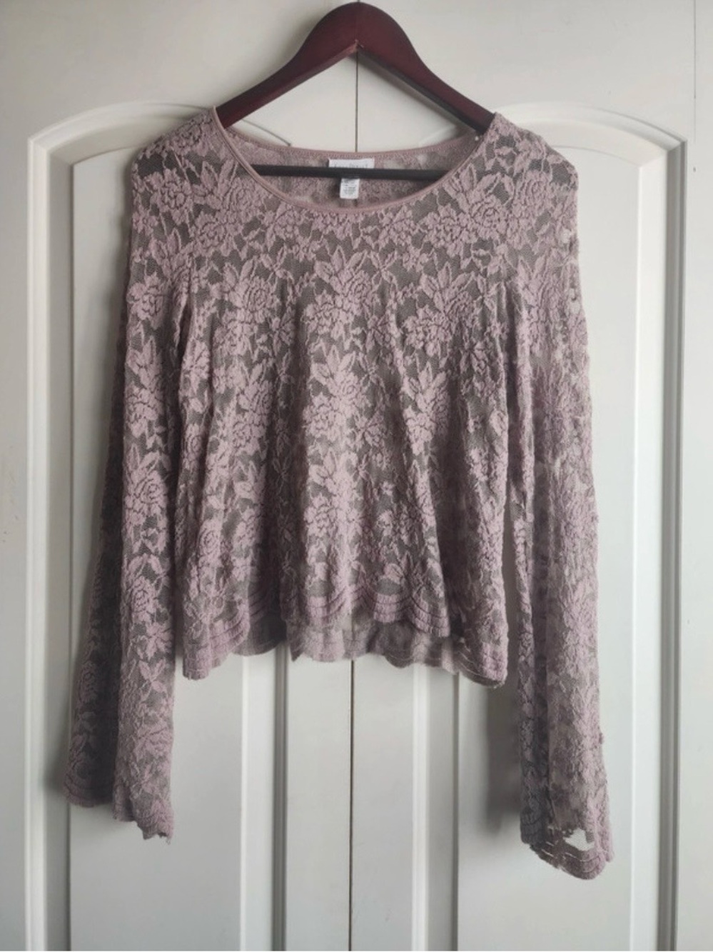 Full Tilt Lace Bell Sleeve Top Size Small Dusty Mauve Floral Sheer Boho Y2K
